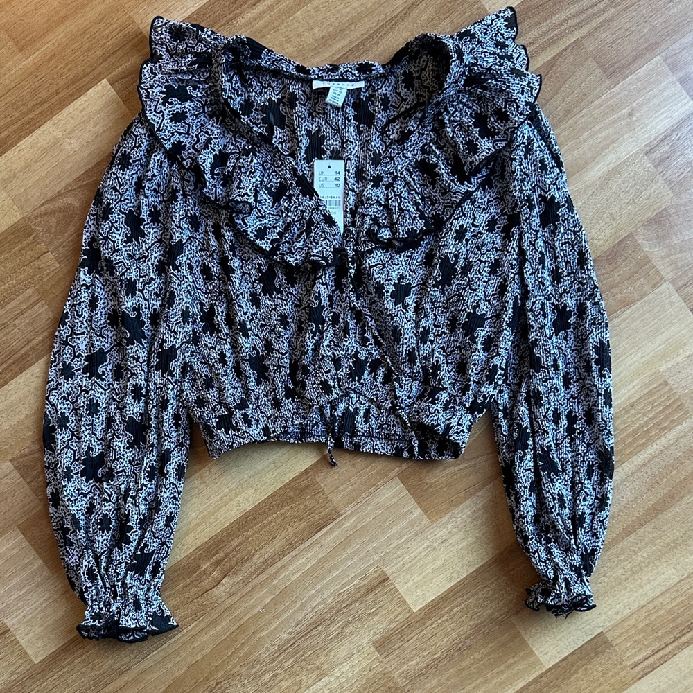 Topshop Black and White Sheer Floral Ruffle Blouse